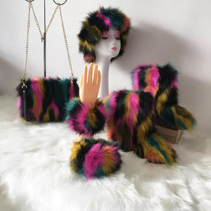 Fluffy Faux Fur Boots with Matching Color Shoulder Bag Set.