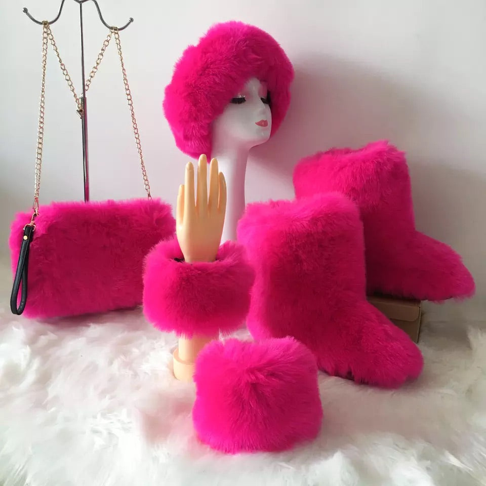 Fluffy Faux Fur Boots with Matching Color Shoulder Bag Set.