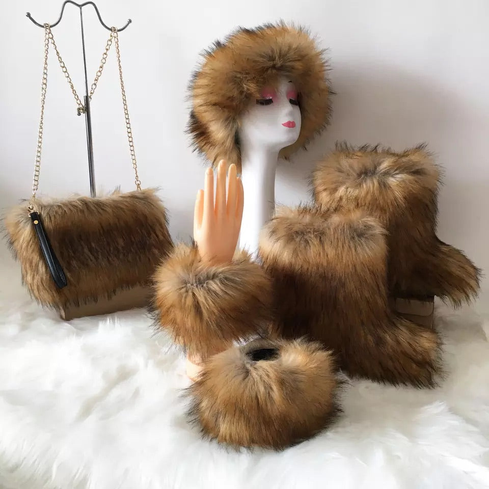 Fluffy Faux Fur Boots with Matching Color Shoulder Bag Set.