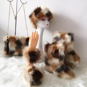 Fluffy Faux Fur Boots with Matching Color Shoulder Bag Set.