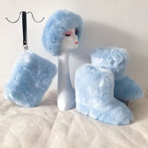 Fluffy Faux Fur Boots with Matching Color Shoulder Bag Set.