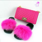 Load image into Gallery viewer, Women Purse With Matching Fox Fur Slides Set.
