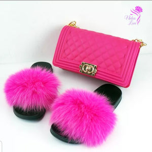 Women Purse With Matching Fox Fur Slides Set.