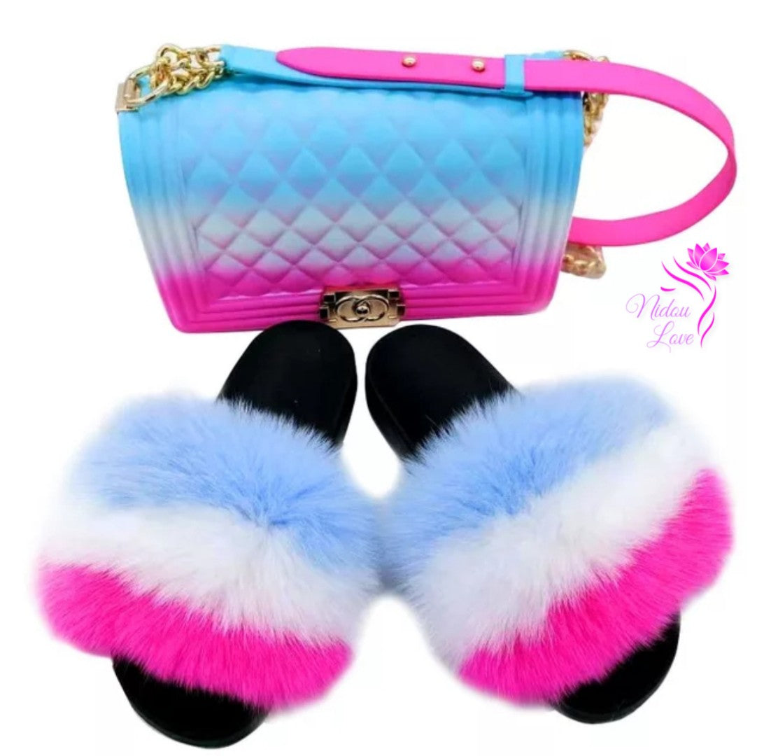 Women Purse With Matching Fox Fur Slides Set.