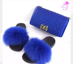 Load image into Gallery viewer, Women Purse With Matching Fox Fur Slides Set.
