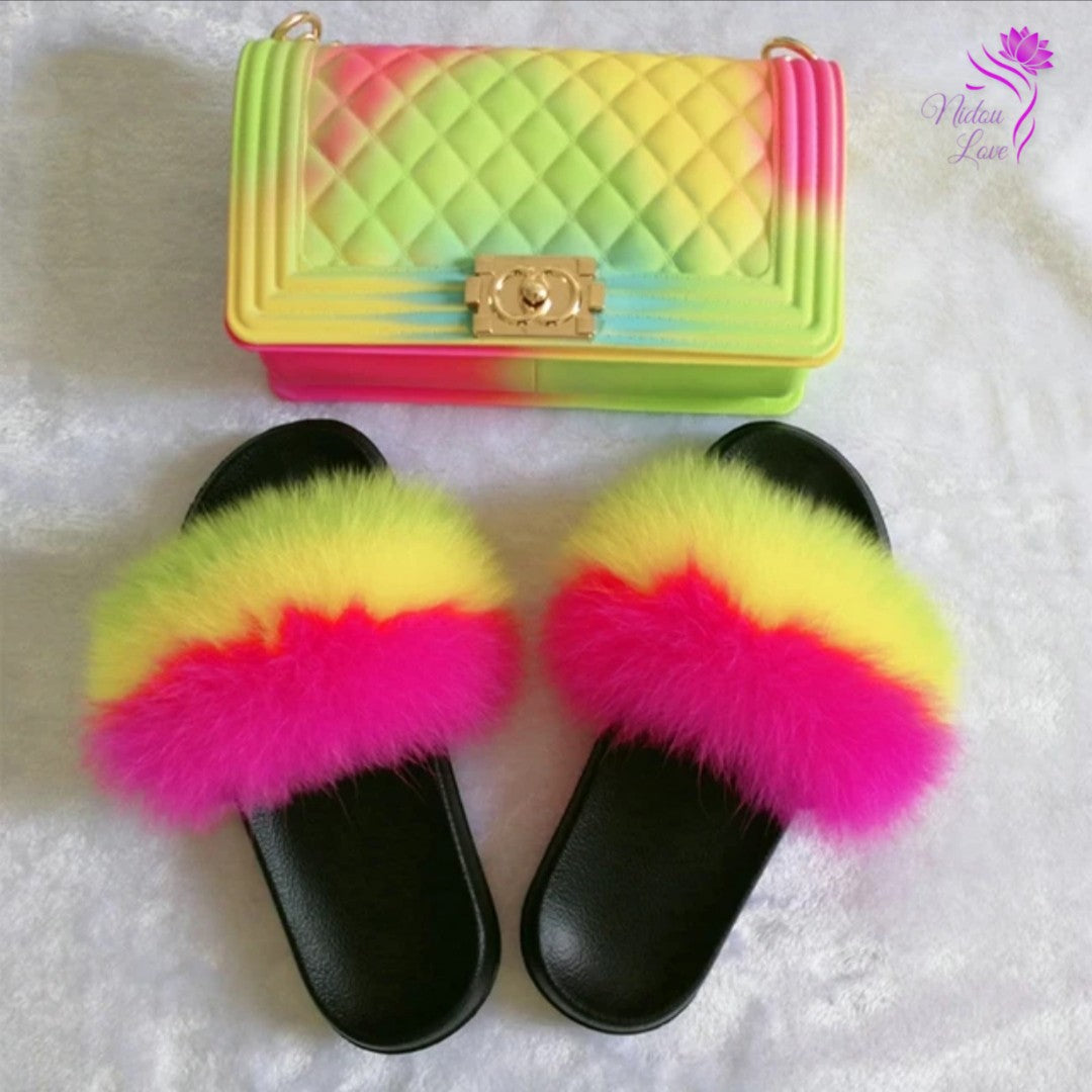 Women Purse With Matching Fox Fur Slides Set.