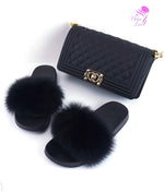 Load image into Gallery viewer, Women Purse With Matching Fox Fur Slides Set.
