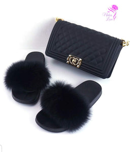 Women Purse With Matching Fox Fur Slides Set.