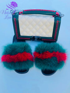 Woman Fur Slides With Matching Genuine Leather Handbag.