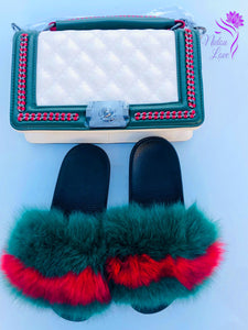 Woman Fur Slides With Matching Genuine Leather Handbag.