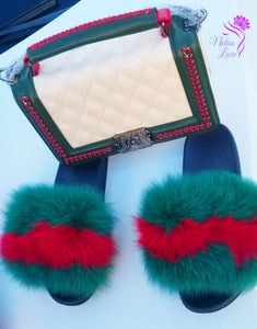 Woman Fur Slides With Matching Genuine Leather Handbag.