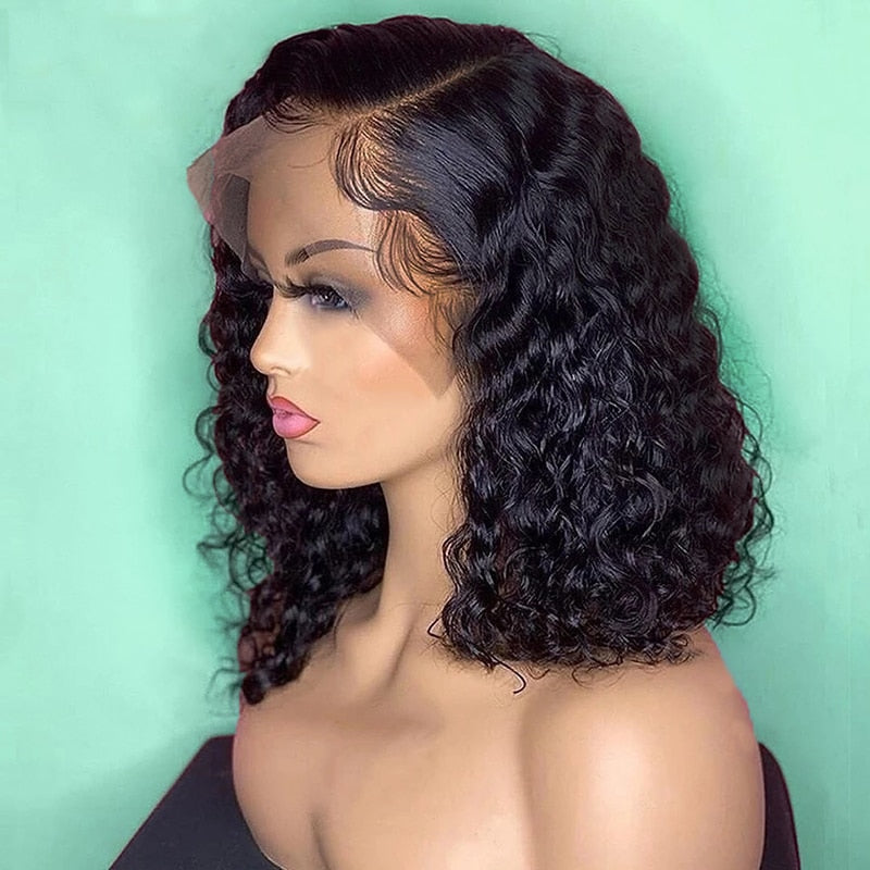 Short Curly Bob Human Hair Wigs/ transparent lace frontal