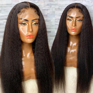 Kinky Straight Lace Front Wig Pre Plucked Yaki Brazilian