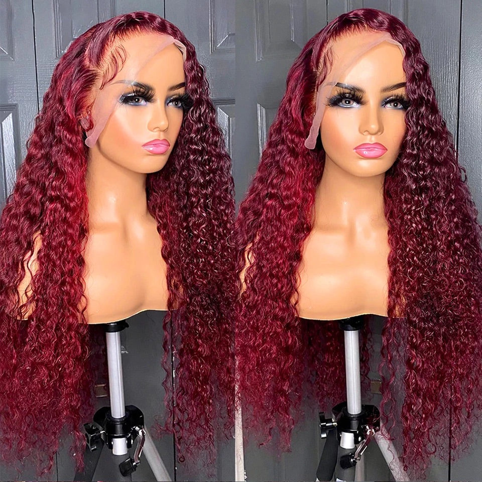 99J Colored Lace Front Human Hair Wigs Deep Wave Burgundy 13x4 HD Transparent Lace Frontal Wig Glueless