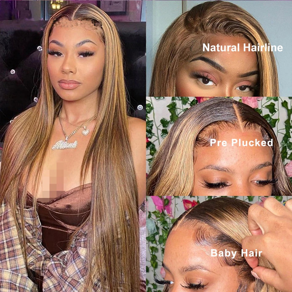 Straight Lace Front Wig Highlight Wig Human Hair Colored Ombre