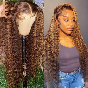 Highlight Honey Brown Curly Lace Front Human Hair Wigs