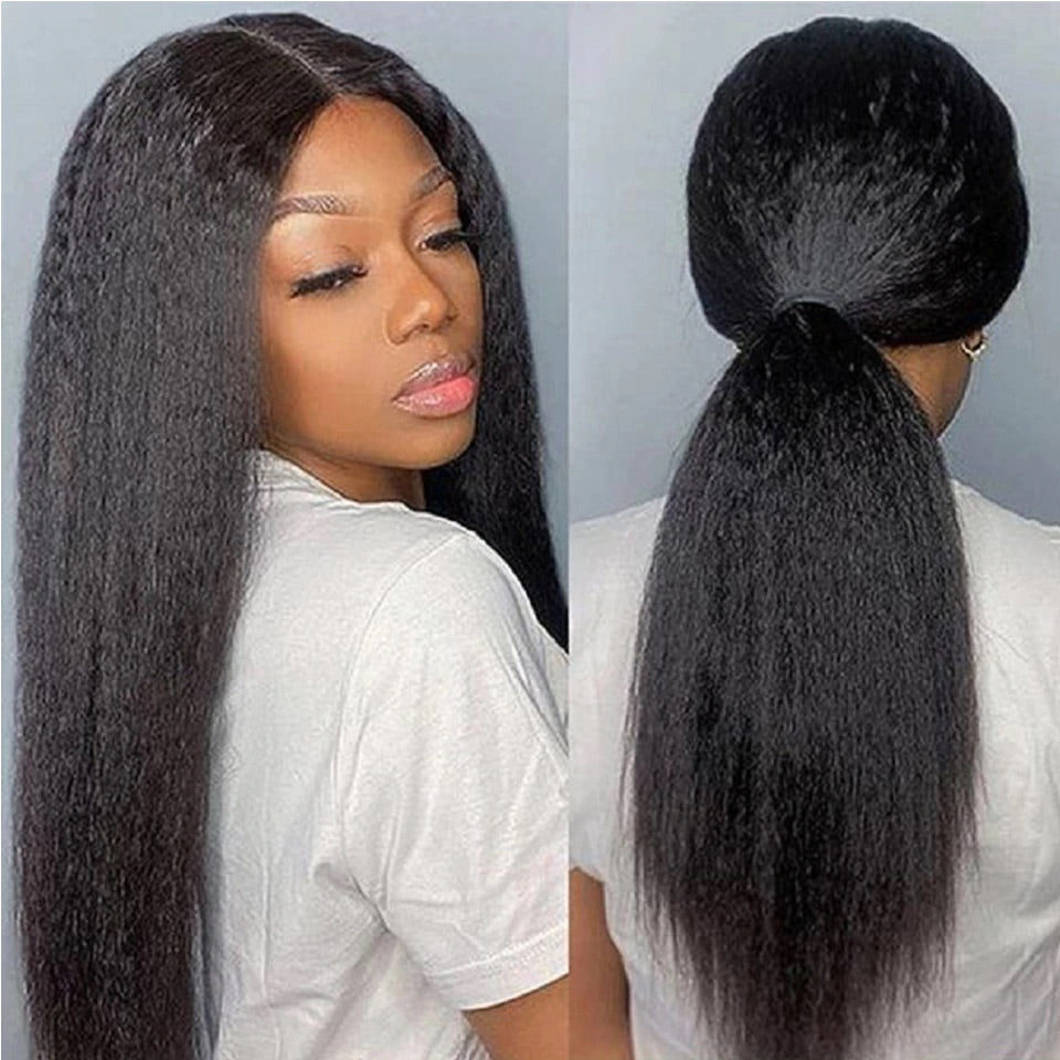 Kinky Straight Lace Front Wig Pre Plucked Yaki Brazilian