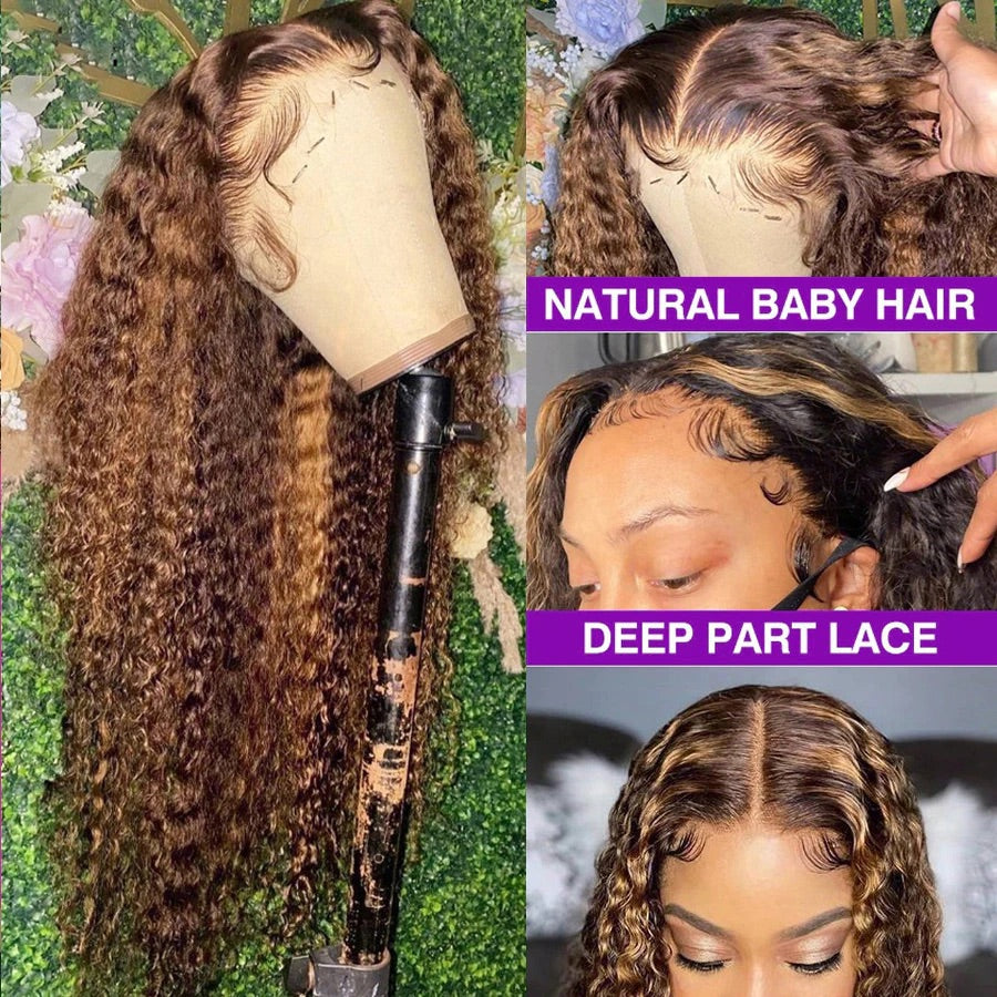 Highlight Honey Brown Curly Lace Front Human Hair Wigs