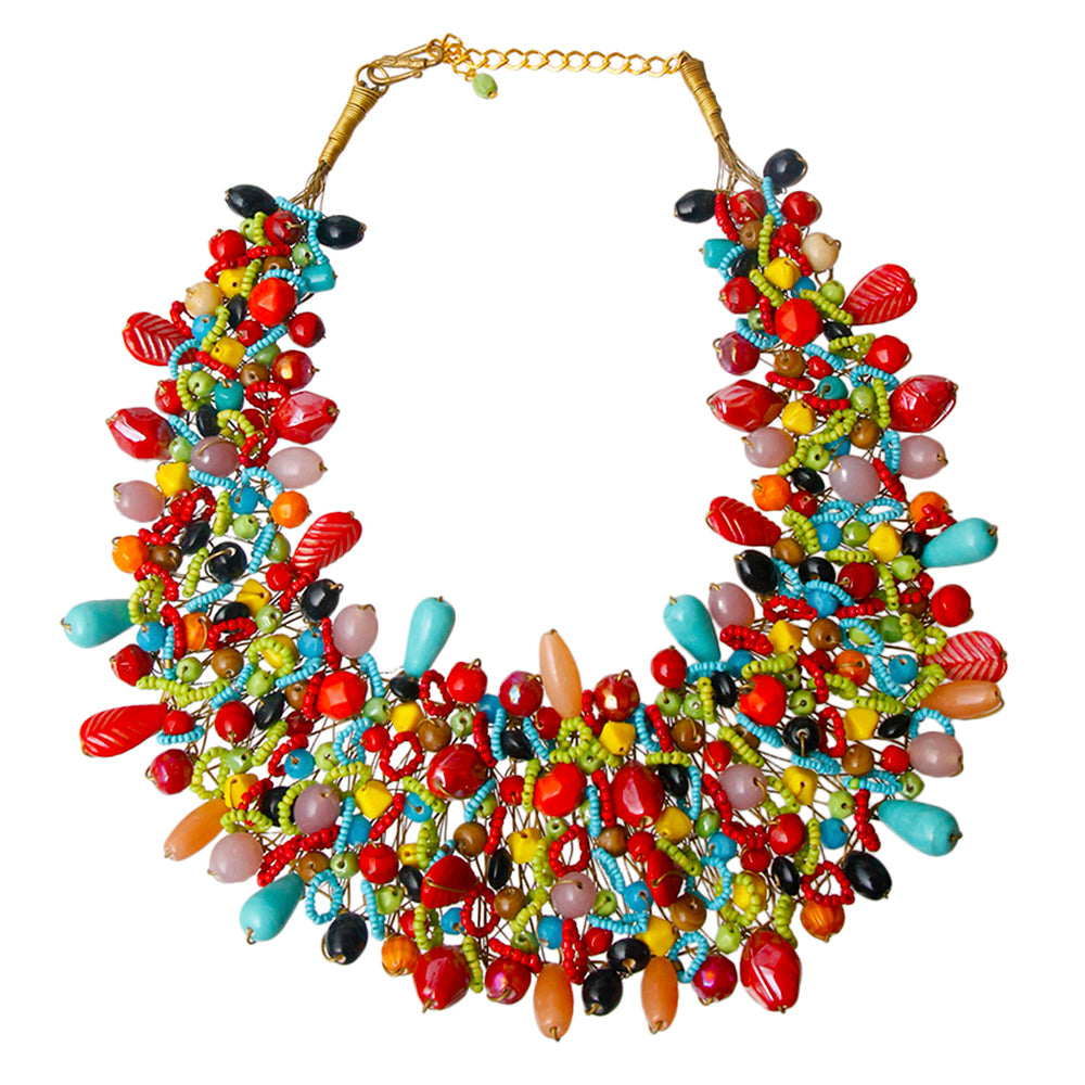 Rainbow Color Bead and Copper Bib Necklace