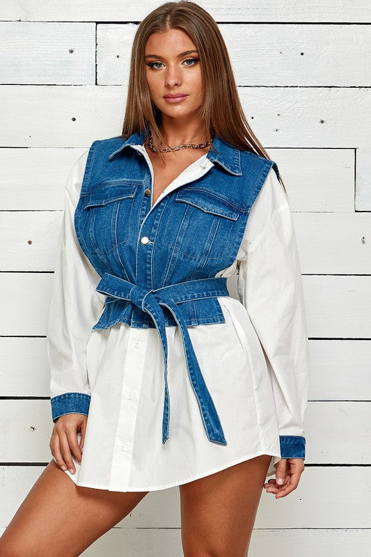 DENIM VEST SHIRT MINI DRESS LONG SLEEVE