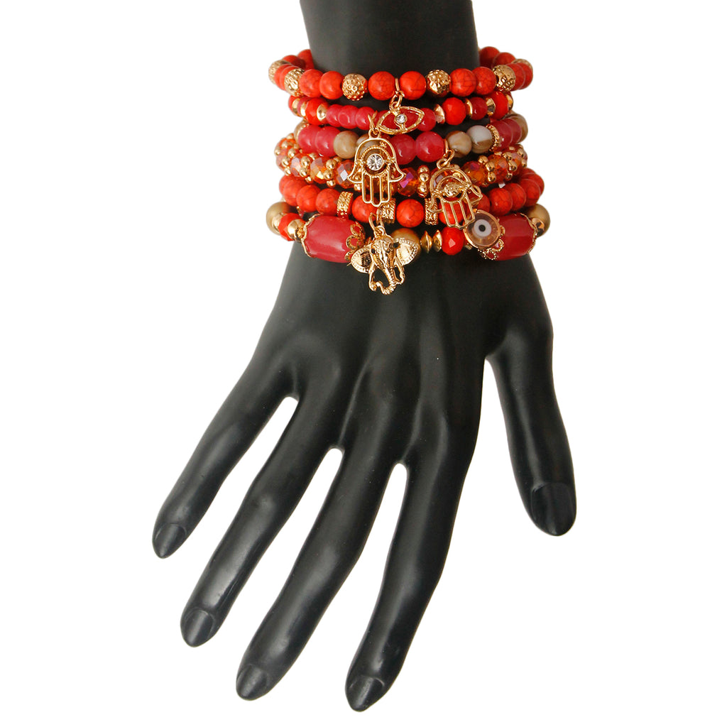 Coral Hamsa Bracelet Set