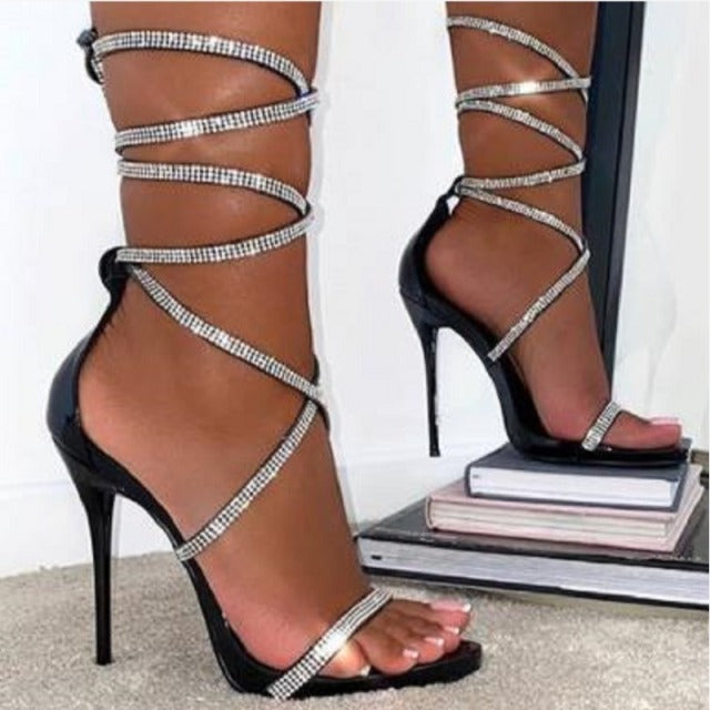 Fashion Black Ankle Strap Crystal Lace-Up Open Toe High Heels