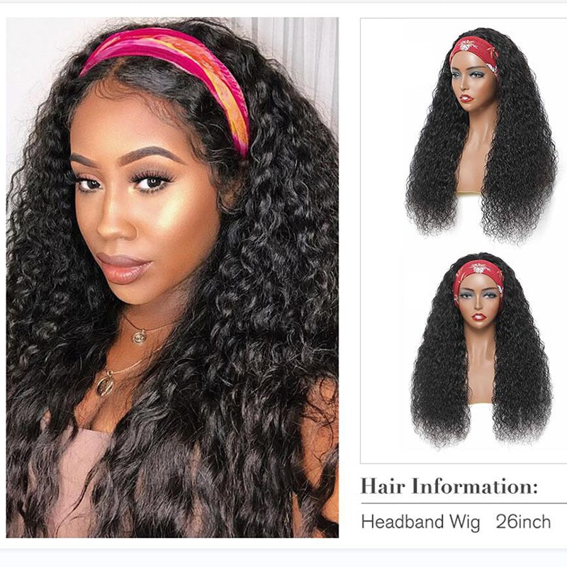 SVT Water Wave Glueless Human Hair Wigs Indian Headband Wig For Black Women Long Hair 12-26Inch Curly Headband Wig Natural Color