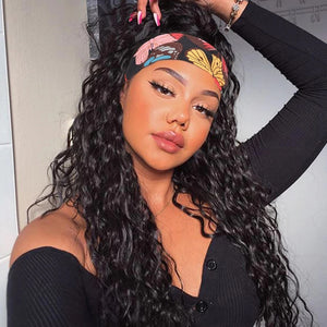 SVT Water Wave Glueless Human Hair Wigs Indian Headband Wig For Black Women Long Hair 12-26Inch Curly Headband Wig Natural Color