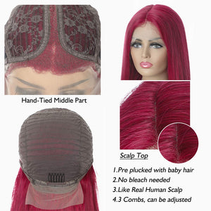 13X1 Colored Red Lace Front Wig Straight Lace Front Wig Human Hair Hot Red 180% Density Pre Plucked Pinshair Brazilian Remy Hair